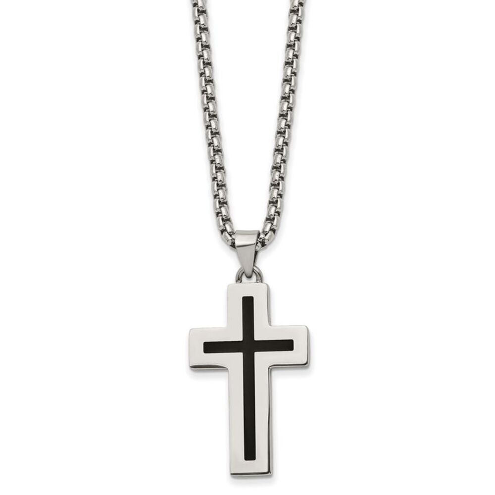 Stainless Steel & Black Enamel Small Cross Necklace, 24 Inch
